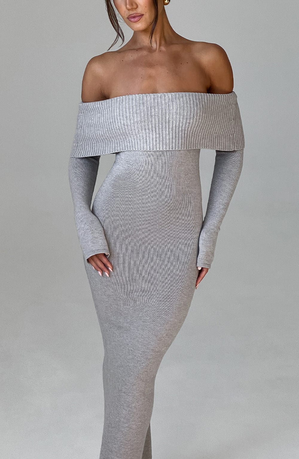 minilena Beverley Knit Maxi Dress Light Grey Marl
