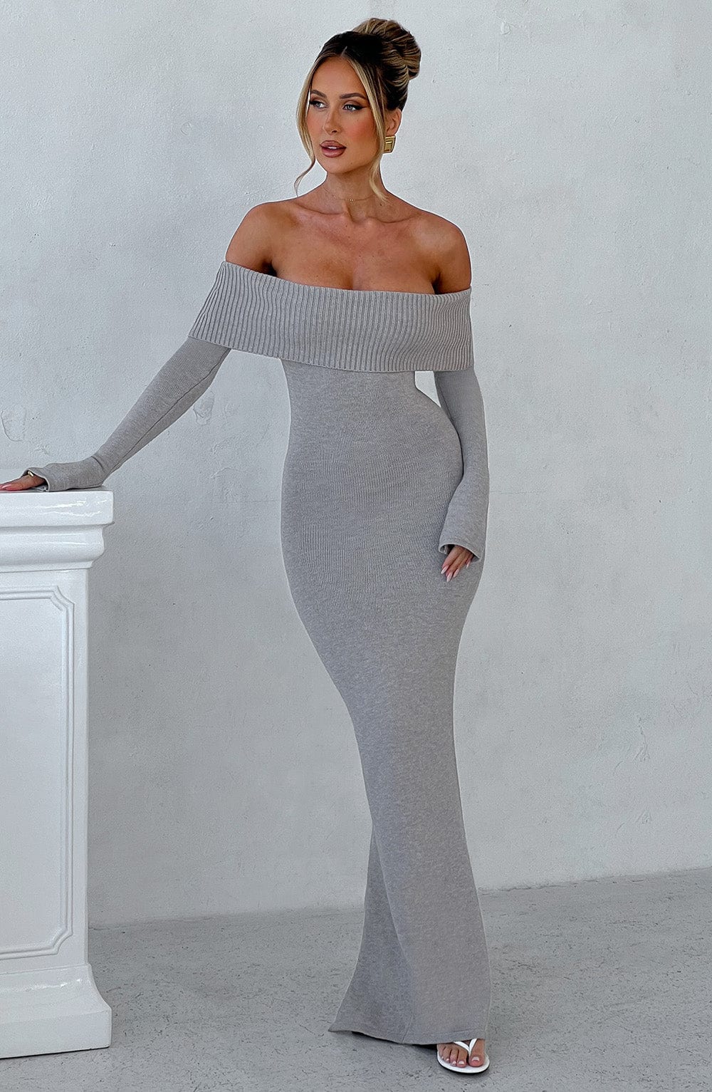 minilena Beverley Knit Maxi Dress Light Grey Marl