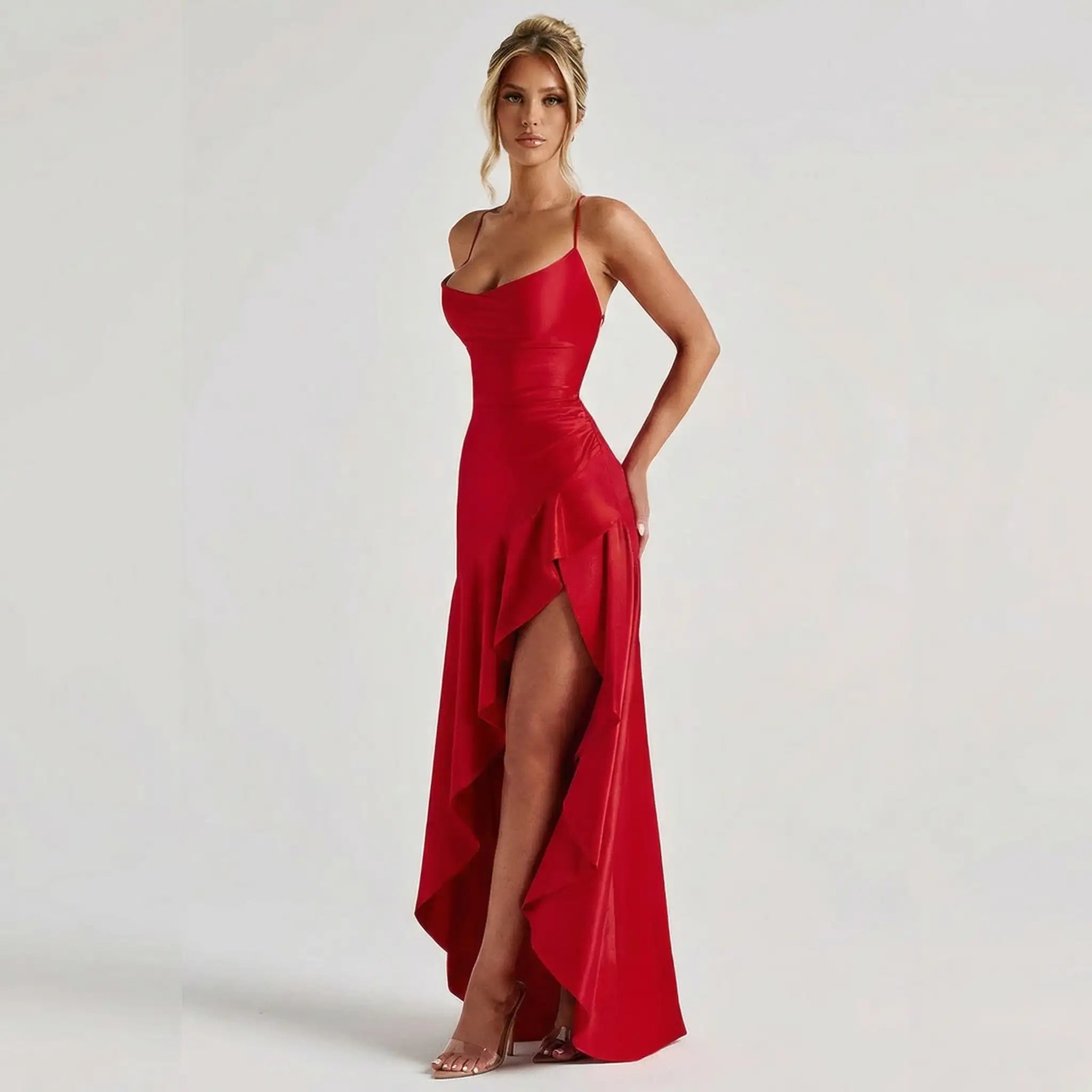 minilena Satin Ruffle Maxi Dress